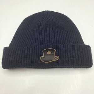 Brist MFG THC Alaska Beanie Hat OS Navy Blue Ribbed Knit Leather Patch Leaf Logo